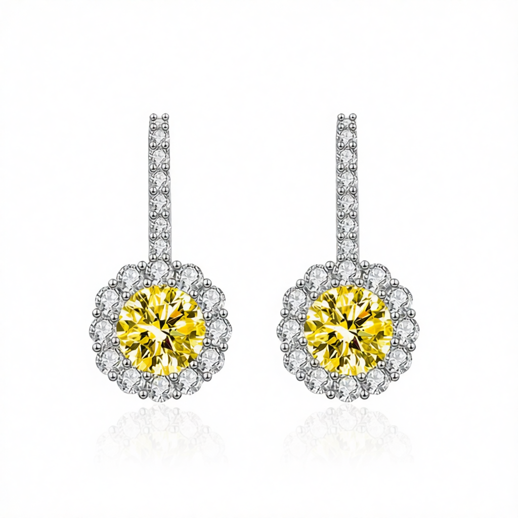 Yellow Crystal & Cubic Zirconia Silvertone Round Dangle Earrings