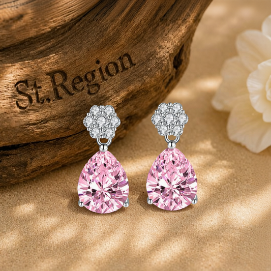 Cubic Zirconia & Pink Crystal Floral Drop Earrings