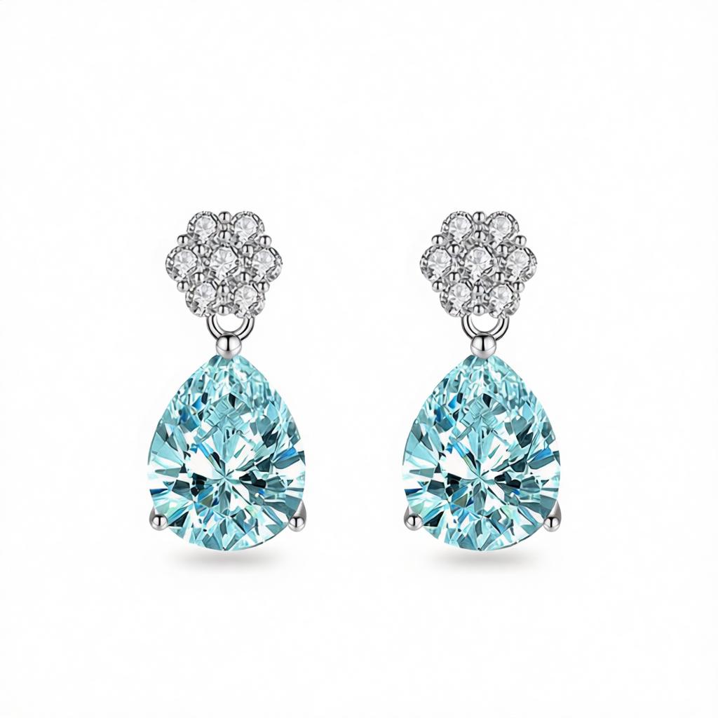 Cubic Zirconia and Blue Crystal Floral Drop Earrings, drop earrings for women, dainty minimalist design, side view