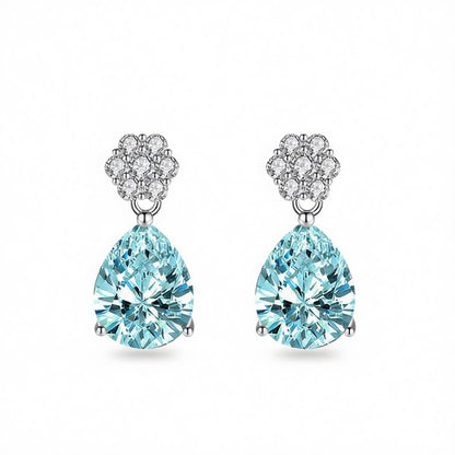 Cubic Zirconia and Blue Crystal Floral Drop Earrings, drop earrings for women, dainty minimalist design, side view