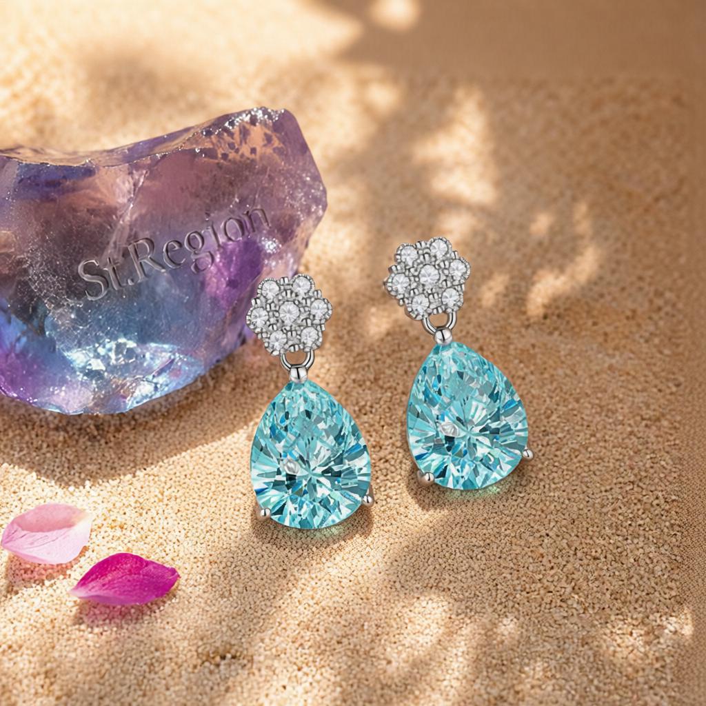 Cubic Zirconia and Blue Crystal Floral Drop Earrings, drop earrings for women, dainty minimalist design, detail close-up