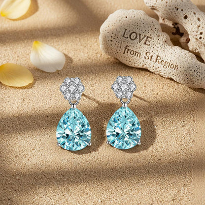 Cubic Zirconia and Blue Crystal Floral Drop Earrings, drop earrings for women, dainty minimalist design, lifestyle look