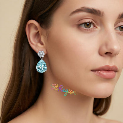 Cubic Zirconia and Blue Crystal Floral Drop Earrings, drop earrings for women, dainty minimalist design, styled look