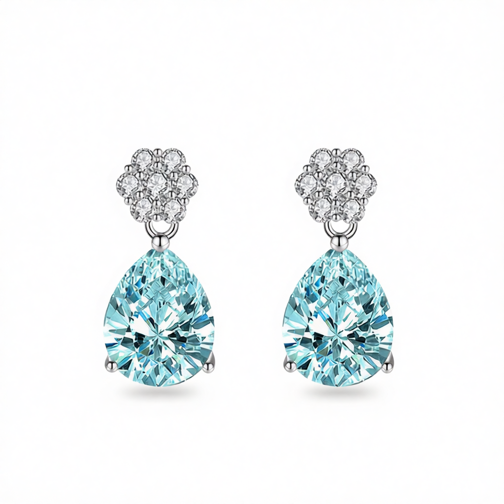 Cubic Zirconia & Blue Crystal Floral Drop Earrings