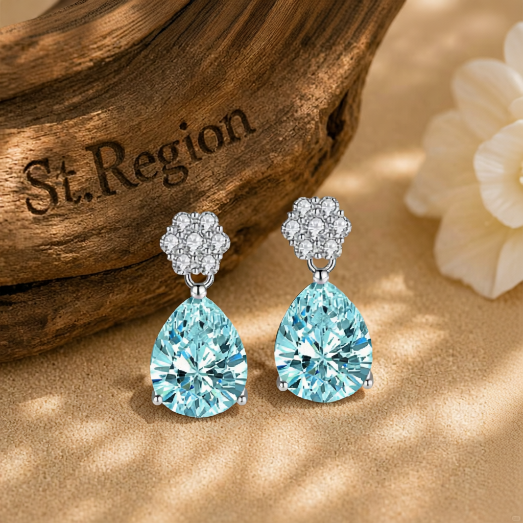 Cubic Zirconia & Blue Crystal Floral Drop Earrings