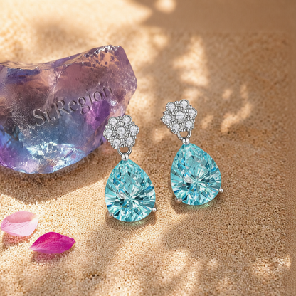 Cubic Zirconia & Blue Crystal Floral Drop Earrings