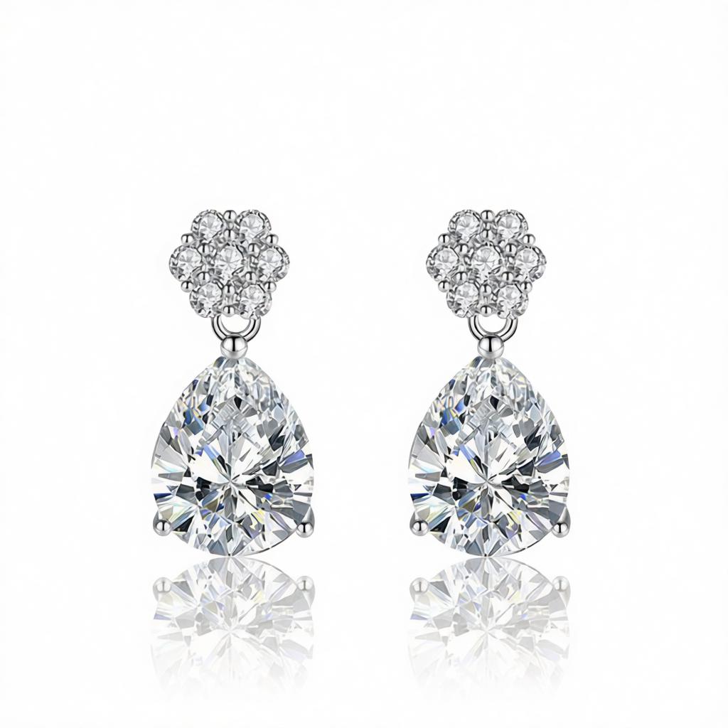 Cubic Zirconia and Clear Crystal Floral Drop Earrings, drop earrings for women, botanical inspired, side view