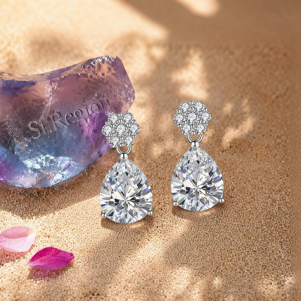 Cubic Zirconia and Clear Crystal Floral Drop Earrings, drop earrings for women, botanical inspired, detail close-up