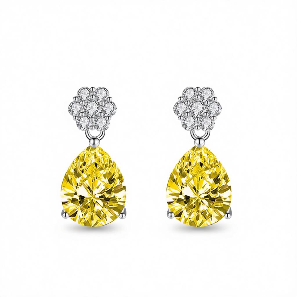 Cubic Zirconia and Yellow Crystal Floral Drop Earrings, drop earrings for women, dainty minimalist design, side view