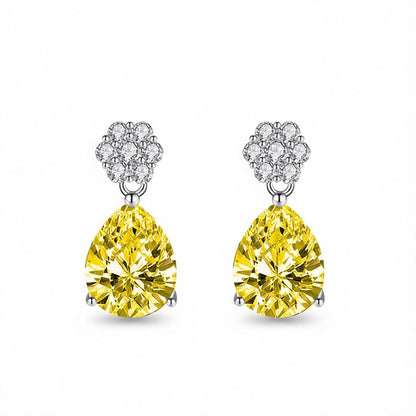 Cubic Zirconia and Yellow Crystal Floral Drop Earrings, drop earrings for women, dainty minimalist design, side view