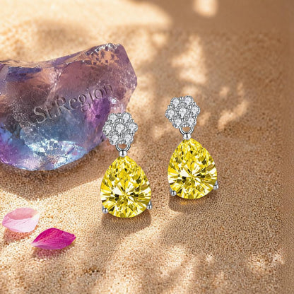 Cubic Zirconia and Yellow Crystal Floral Drop Earrings, drop earrings for women, detail close-up