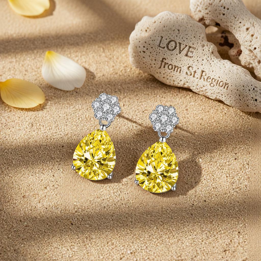 Cubic Zirconia and Yellow Crystal Floral Drop Earrings, drop earrings for women, lifestyle look