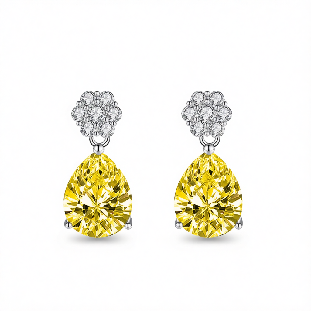 Cubic Zirconia & Yellow Crystal Floral Drop Earrings