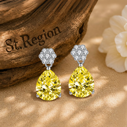 Cubic Zirconia & Yellow Crystal Floral Drop Earrings