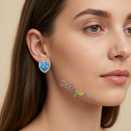 Blue Crystal & Cubic Zirconia Silvertone Halo Heart Stud Earrings