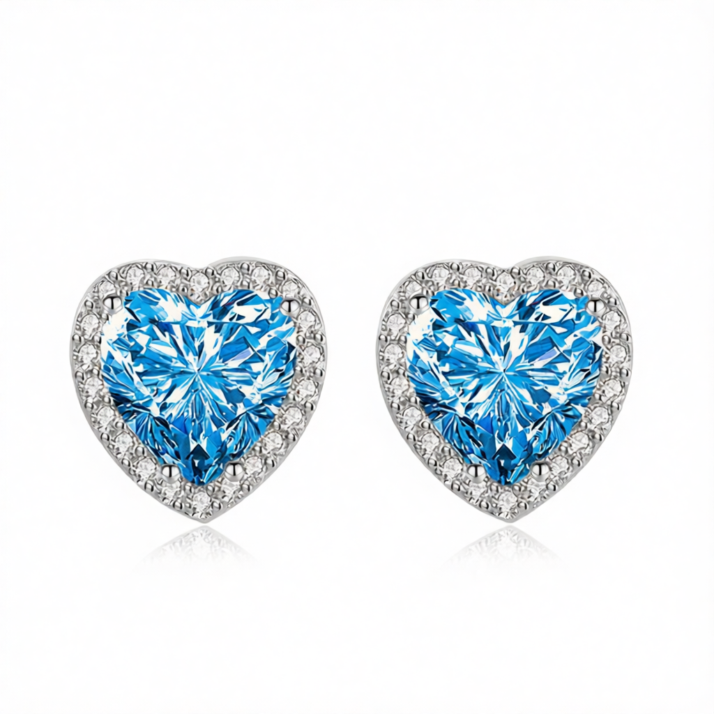 Blue Crystal & Cubic Zirconia Silvertone Halo Heart Stud Earrings