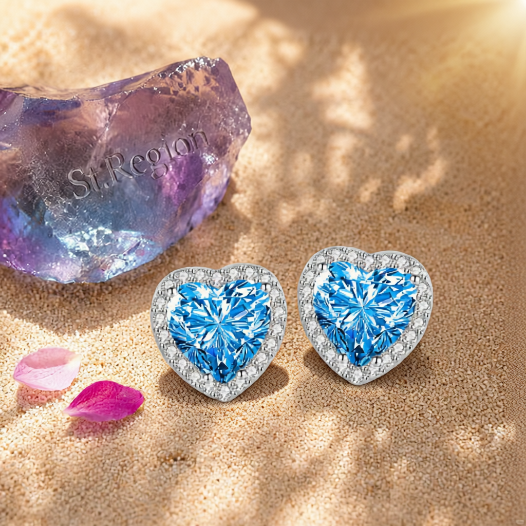 Blue Crystal & Cubic Zirconia Silvertone Halo Heart Stud Earrings