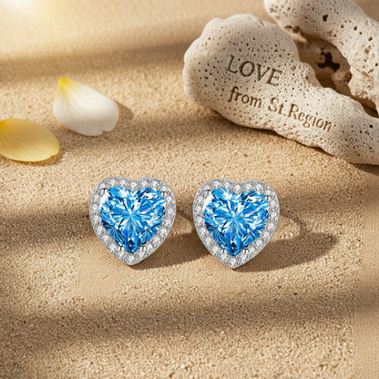Blue Crystal & Cubic Zirconia Silvertone Halo Heart Stud Earrings