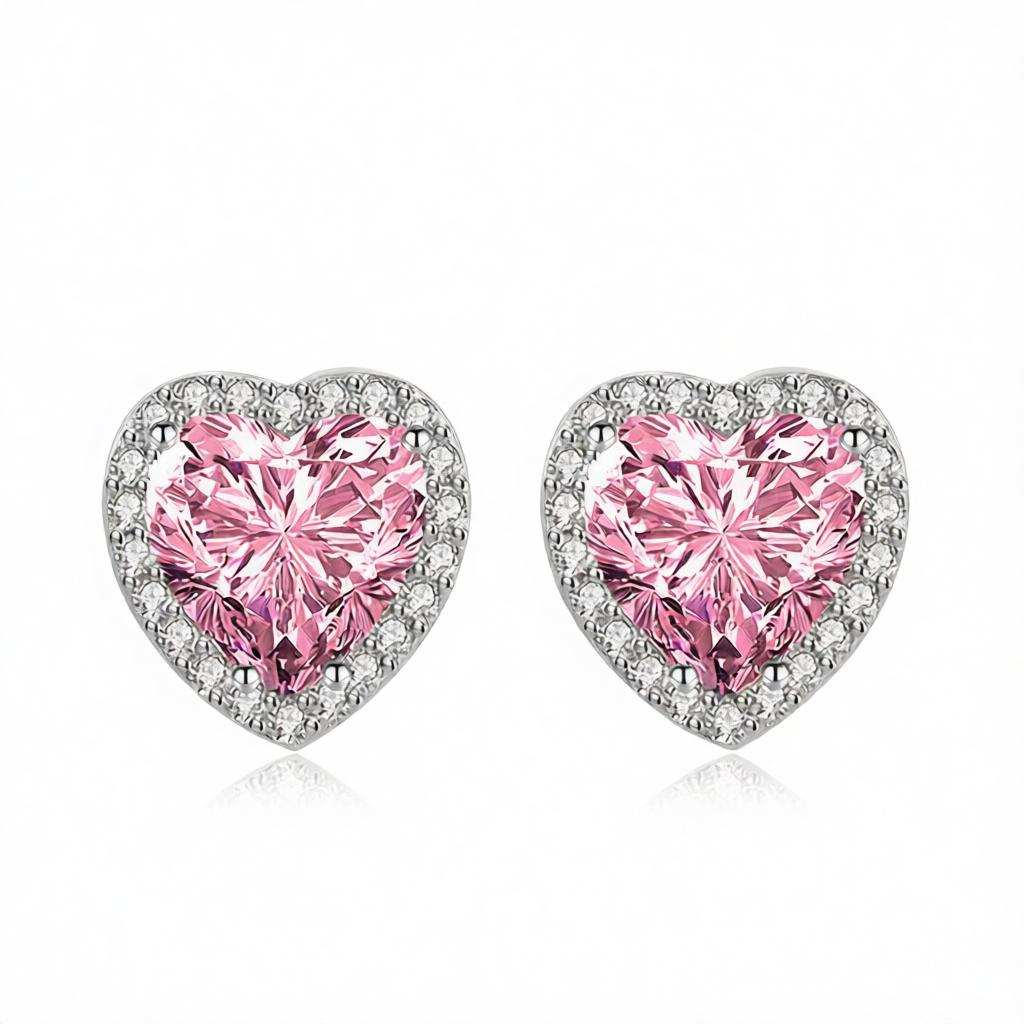 Pink Crystal and Cubic Zirconia Silvertone Halo Heart Stud Earrings, cubic zirconia stud earrings for women, side view