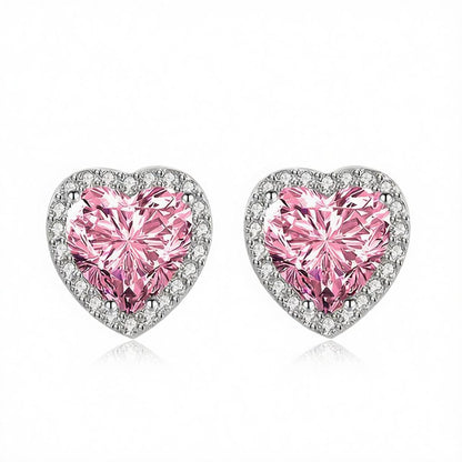 Pink Crystal and Cubic Zirconia Silvertone Halo Heart Stud Earrings, cubic zirconia stud earrings for women, side view