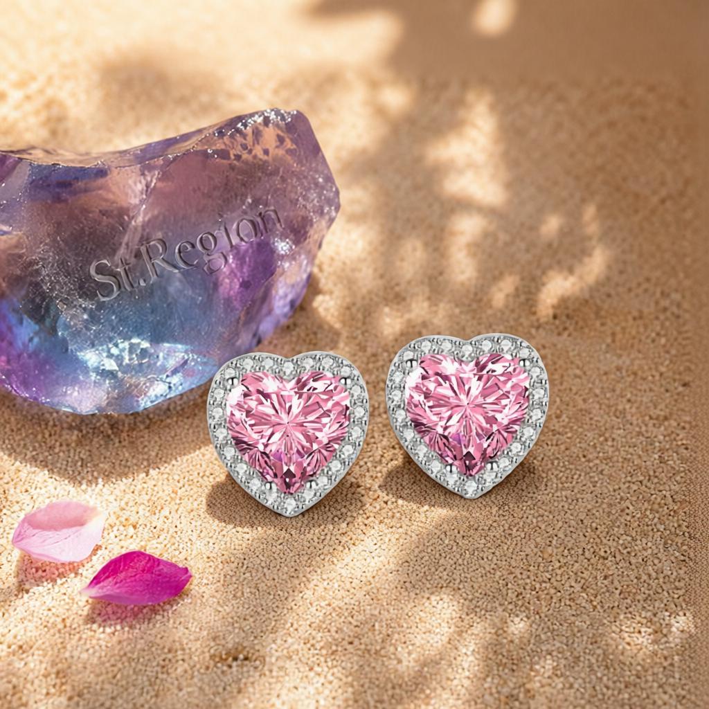 Pink Crystal and Cubic Zirconia Silvertone Halo Heart Stud Earrings, cubic zirconia stud earrings for women, detail close-up