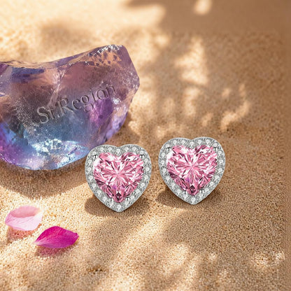 Pink Crystal and Cubic Zirconia Silvertone Halo Heart Stud Earrings, cubic zirconia stud earrings for women, detail close-up