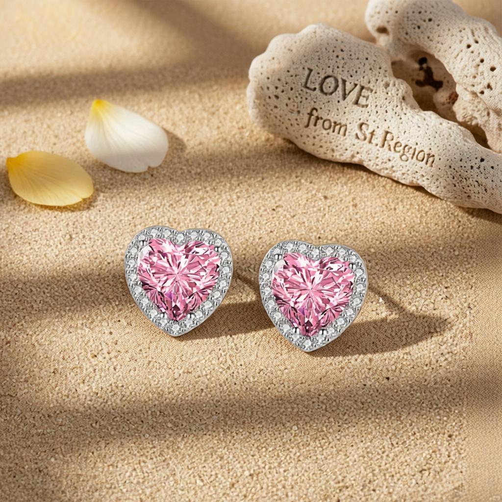 Pink Crystal and Cubic Zirconia Silvertone Halo Heart Stud Earrings, cubic zirconia stud earrings for women, lifestyle look