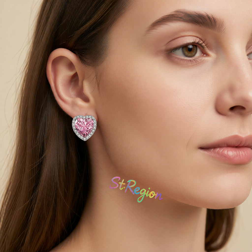 Pink Crystal & Cubic Zirconia Silvertone Halo Heart Stud Earrings