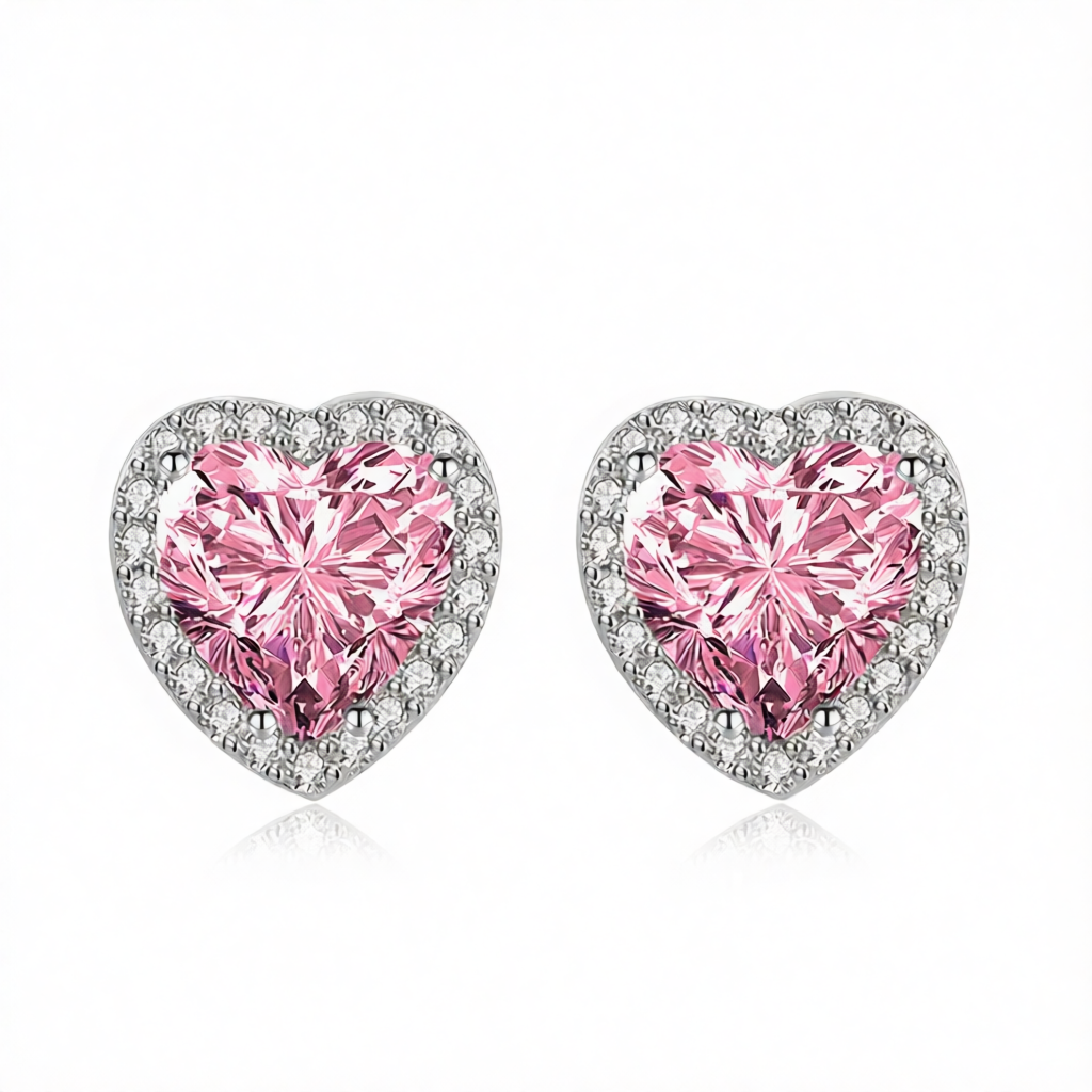 Pink Crystal & Cubic Zirconia Silvertone Halo Heart Stud Earrings
