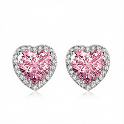 Pink Crystal & Cubic Zirconia Silvertone Halo Heart Stud Earrings