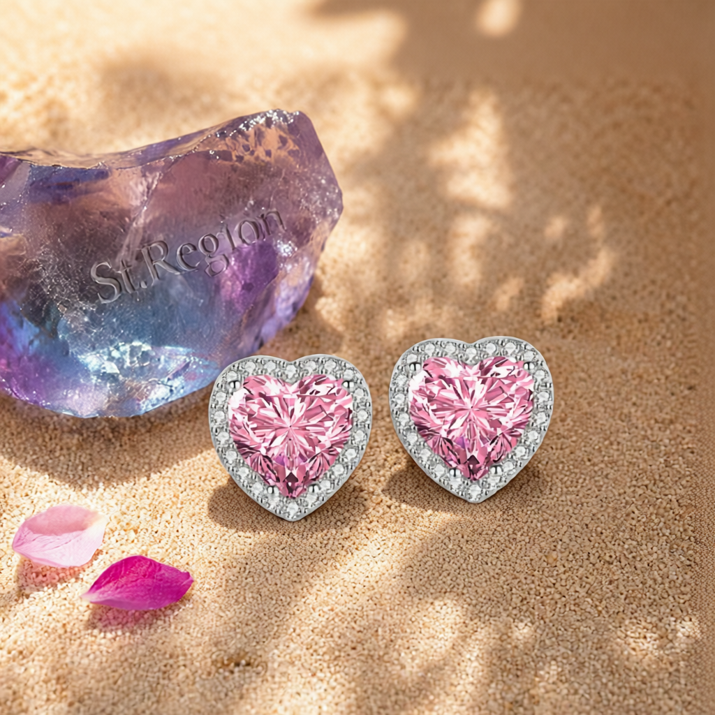 Pink Crystal & Cubic Zirconia Silvertone Halo Heart Stud Earrings