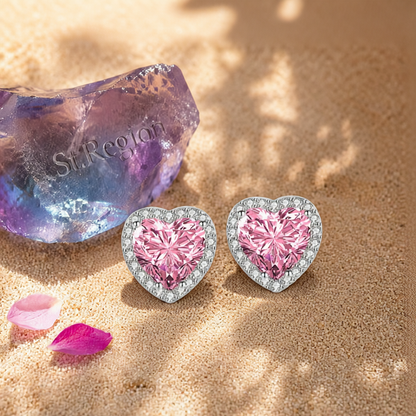 Pink Crystal & Cubic Zirconia Silvertone Halo Heart Stud Earrings