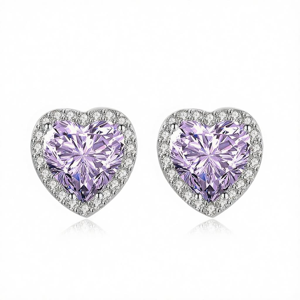 Purple Crystal and Cubic Zirconia Silvertone Halo Heart Stud Earrings, cubic zirconia stud earrings for women, side view