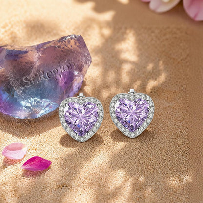 Purple Crystal and Cubic Zirconia Silvertone Halo Heart Stud Earrings, cubic zirconia stud earrings for women, detail clos...