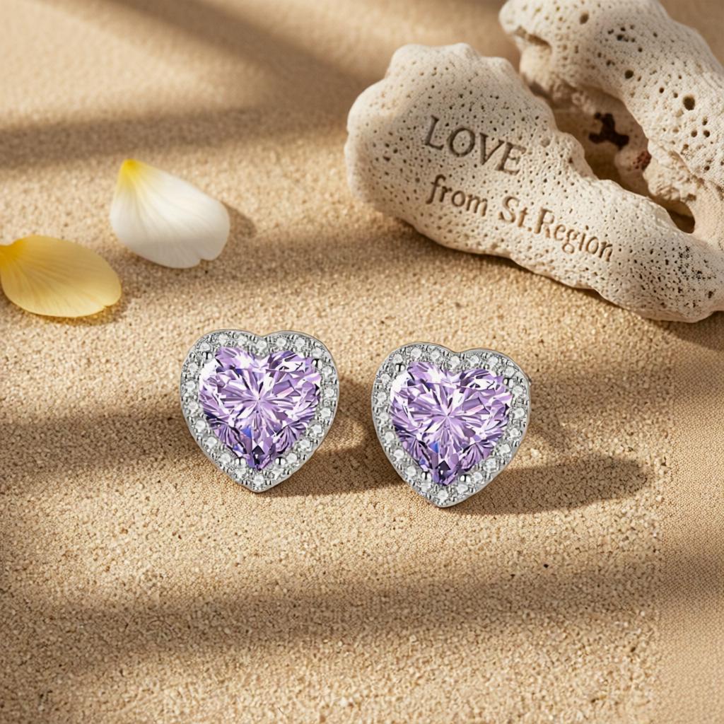 Purple Crystal and Cubic Zirconia Silvertone Halo Heart Stud Earrings, cubic zirconia stud earrings for women, lifestyle look
