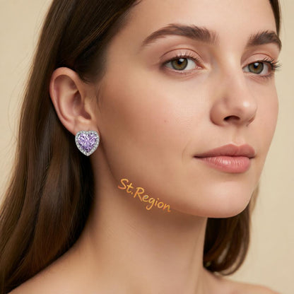 Purple Crystal and Cubic Zirconia Silvertone Halo Heart Stud Earrings, cubic zirconia stud earrings for women, styled look