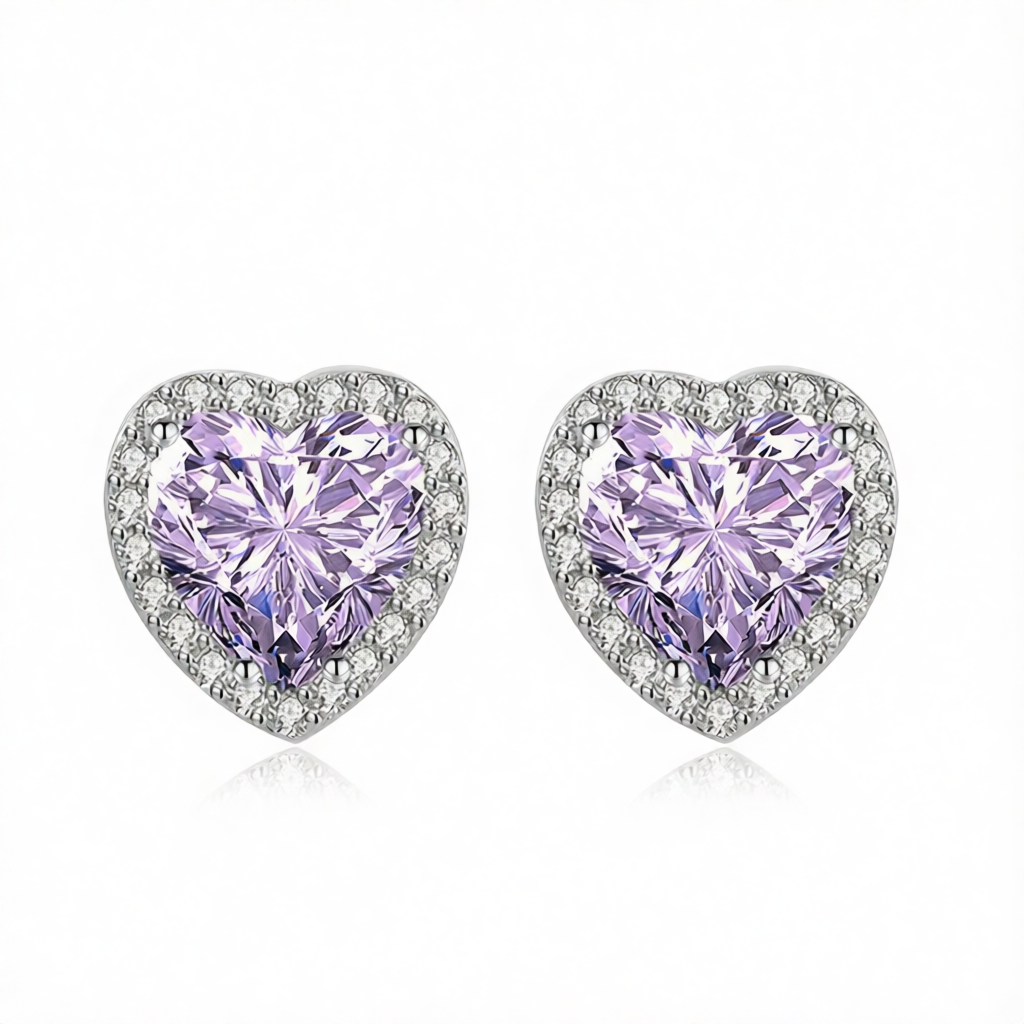 Purple Crystal & Cubic Zirconia Silvertone Halo Heart Stud Earrings