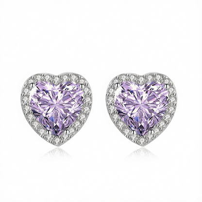 Purple Crystal & Cubic Zirconia Silvertone Halo Heart Stud Earrings