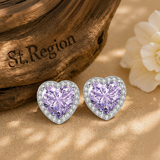 Purple Crystal & Cubic Zirconia Silvertone Halo Heart Stud Earrings