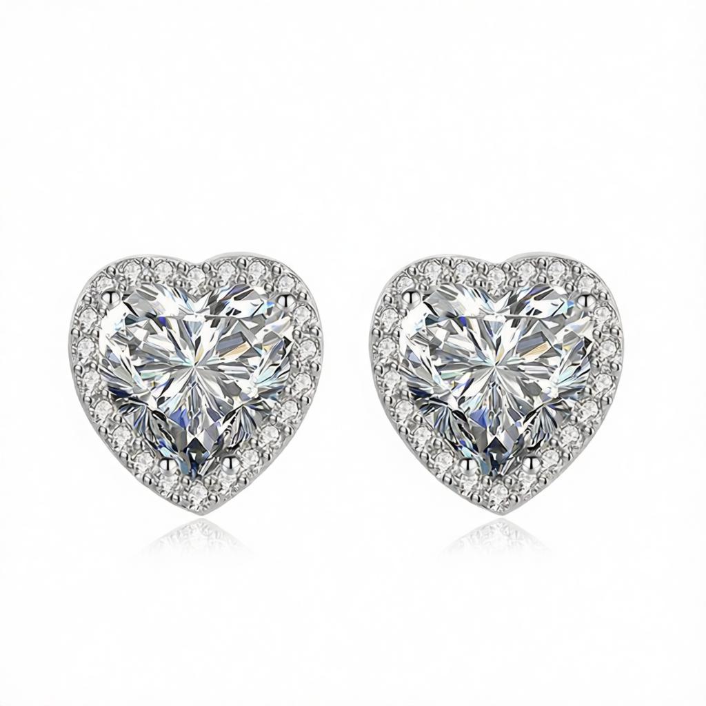 Clear Crystal and Cubic Zirconia Silvertone Halo Heart Stud Earrings, cubic zirconia stud earrings for women, side view