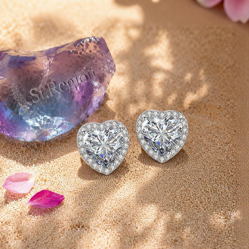 Clear Crystal and Cubic Zirconia Silvertone Halo Heart Stud Earrings, cubic zirconia stud earrings for women, detail close-up