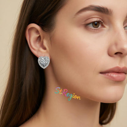Clear Crystal and Cubic Zirconia Silvertone Halo Heart Stud Earrings, cubic zirconia stud earrings for women, styled look