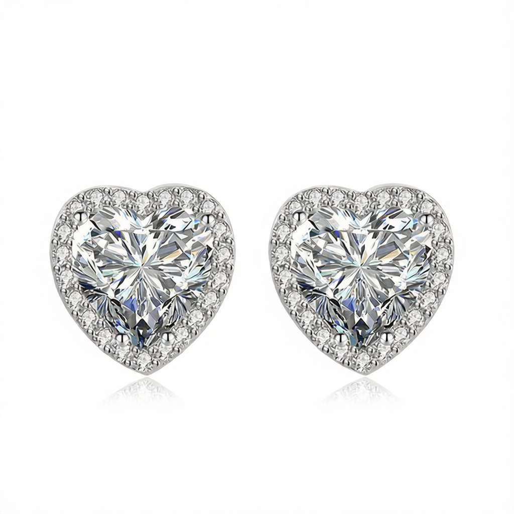 Clear Crystal & Cubic Zirconia Silvertone Halo Heart Stud Earrings