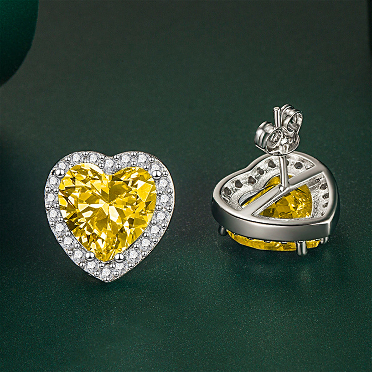 Yellow Crystal & Cubic Zirconia Silver-Plated Halo Heart Stud Earrings