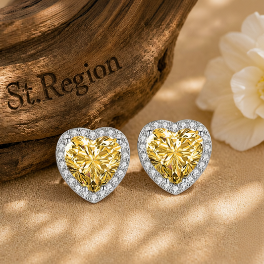 Yellow Crystal & Cubic Zirconia Silvertone Halo Heart Stud Earrings