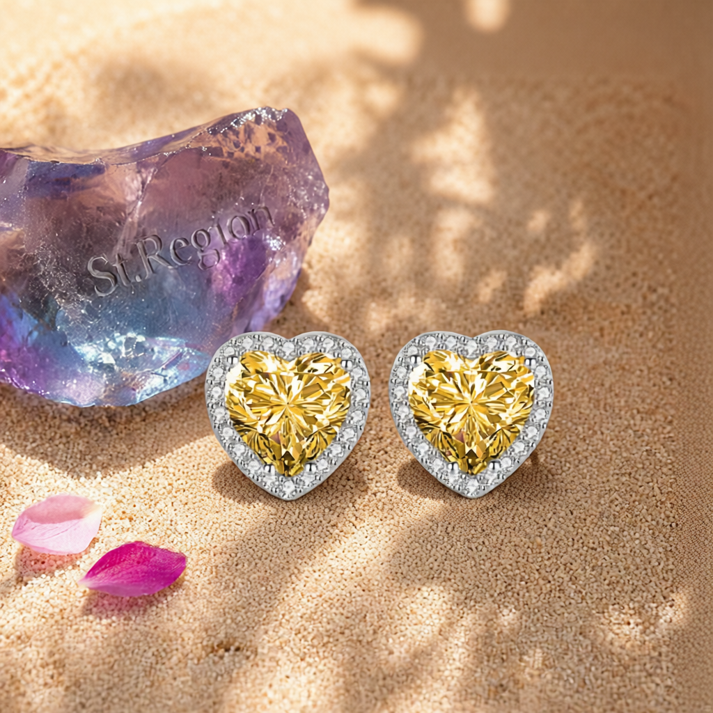 Yellow Crystal & Cubic Zirconia Silvertone Halo Heart Stud Earrings