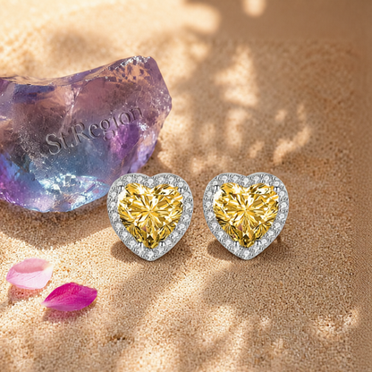 Yellow Crystal & Cubic Zirconia Silvertone Halo Heart Stud Earrings