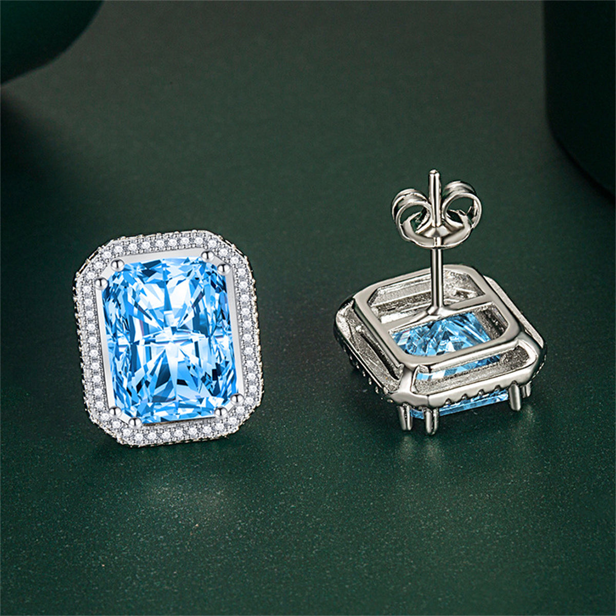 Blue Radiant Crystal & Cubic Zirconia Silver-Plated Halo Stud Earrings