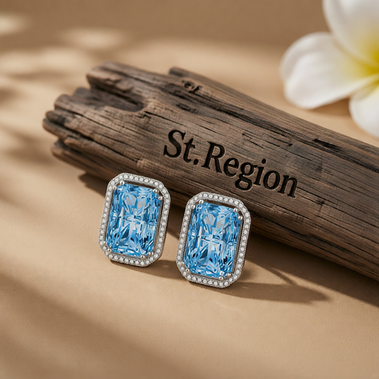 Blue Radiant Crystal & Cubic Zirconia Silvertone Halo Stud Earrings