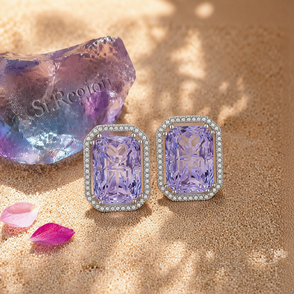 Purple Radiant Crystal & Cubic Zirconia Silvertone Halo Stud Earrings